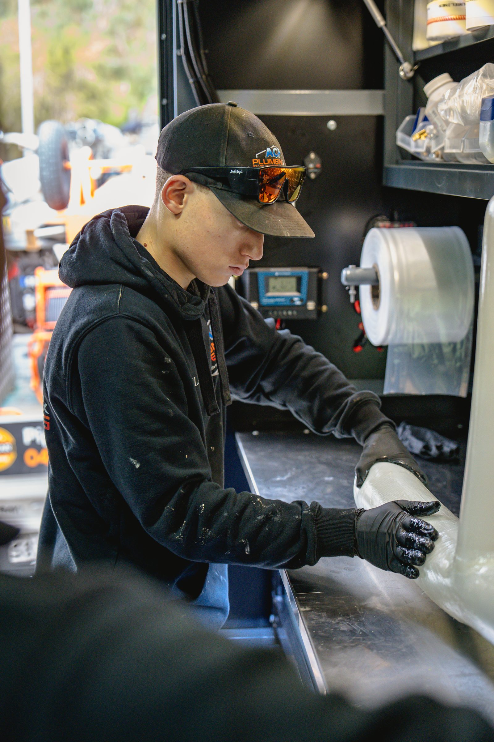 Prepping equipment at the van workbench